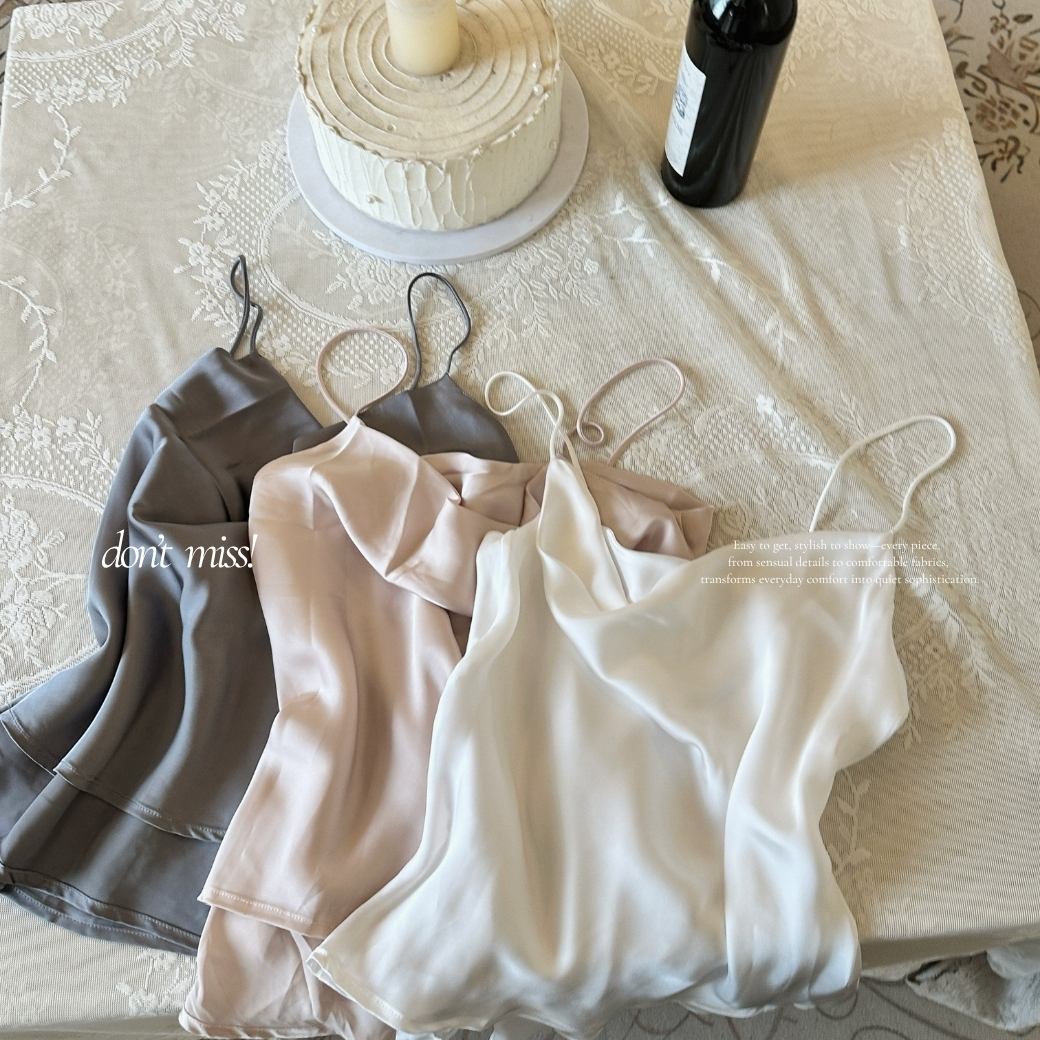 【高級不貴】DOMISS緞面細肩帶背心-5色 垂墜領口 氣質上衣 緞面上衣(現+預)