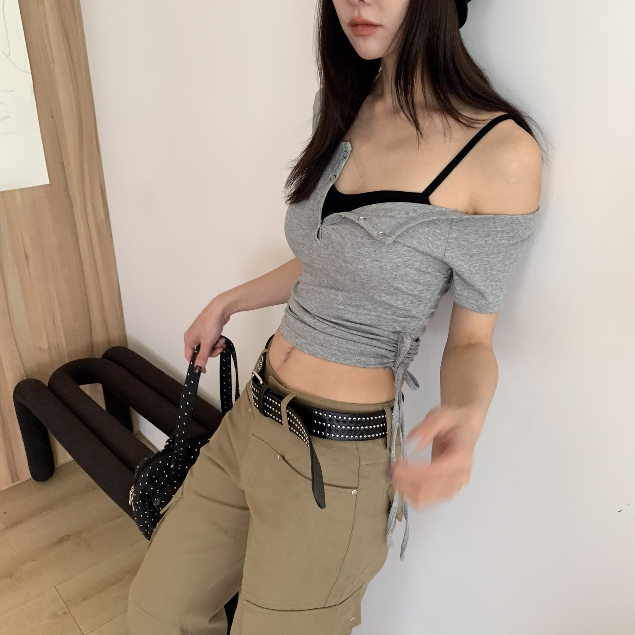 ISA_日常也迷人 側抽皺(1+1)小排釦斜肩套裝_63086