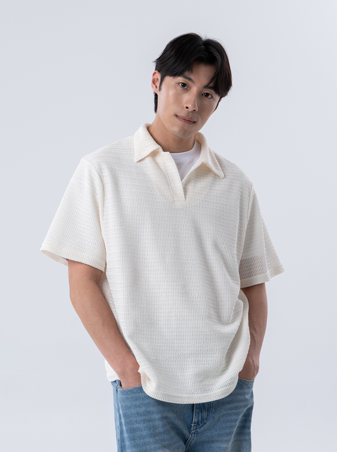 麻花肌理開領短TEE