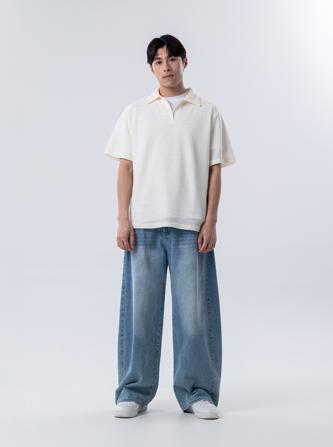 麻花肌理開領短TEE