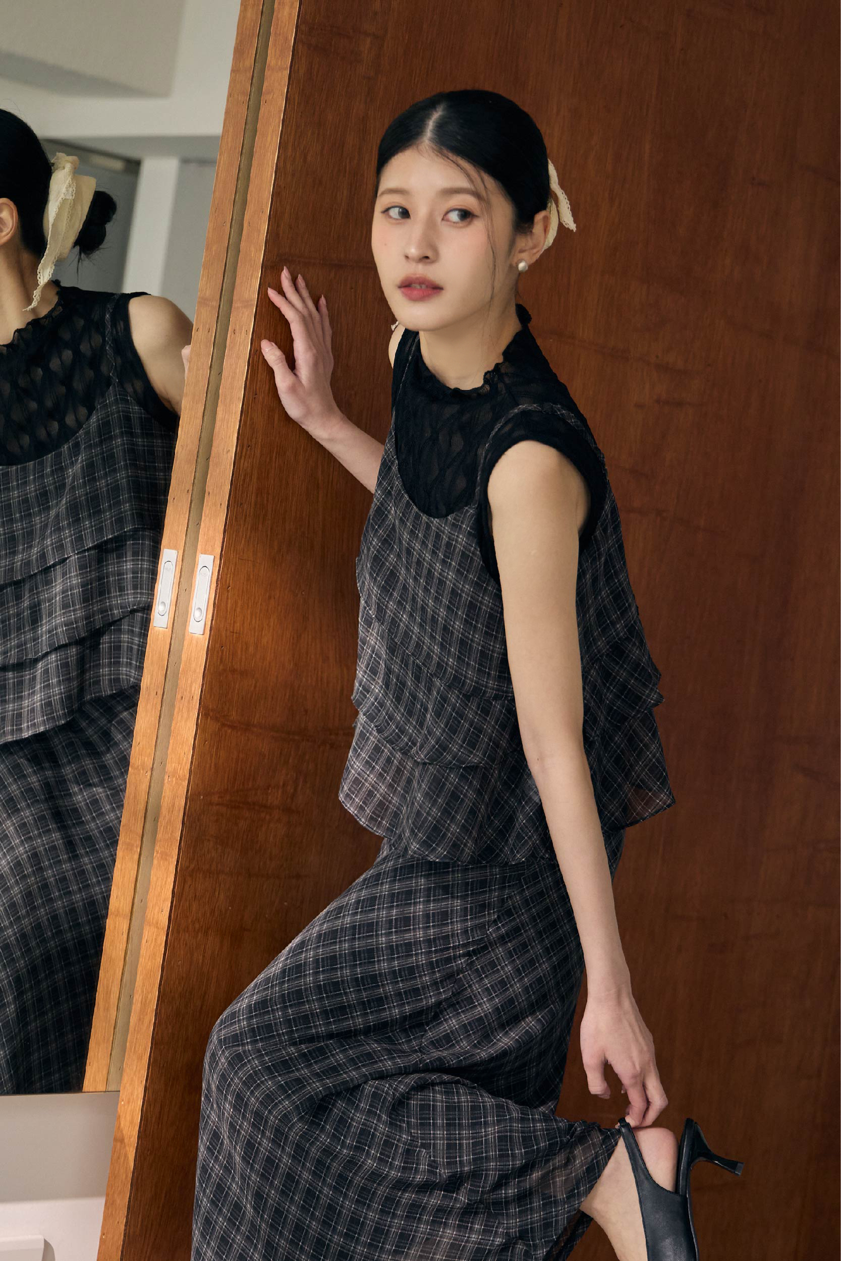 格紋細肩蛋糕裙擺背心