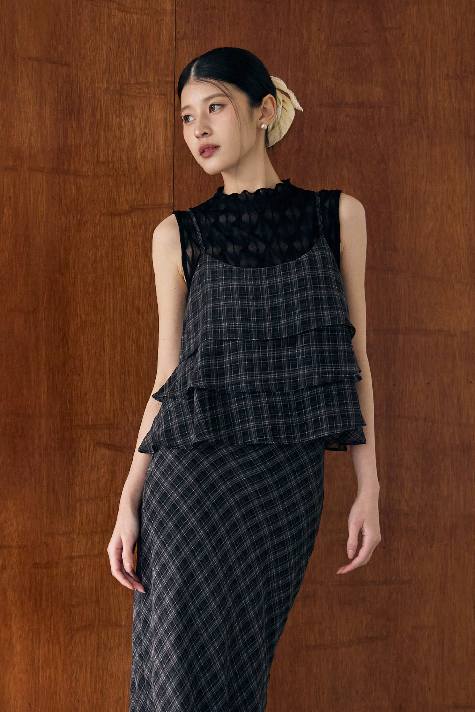 格紋細肩蛋糕裙擺背心