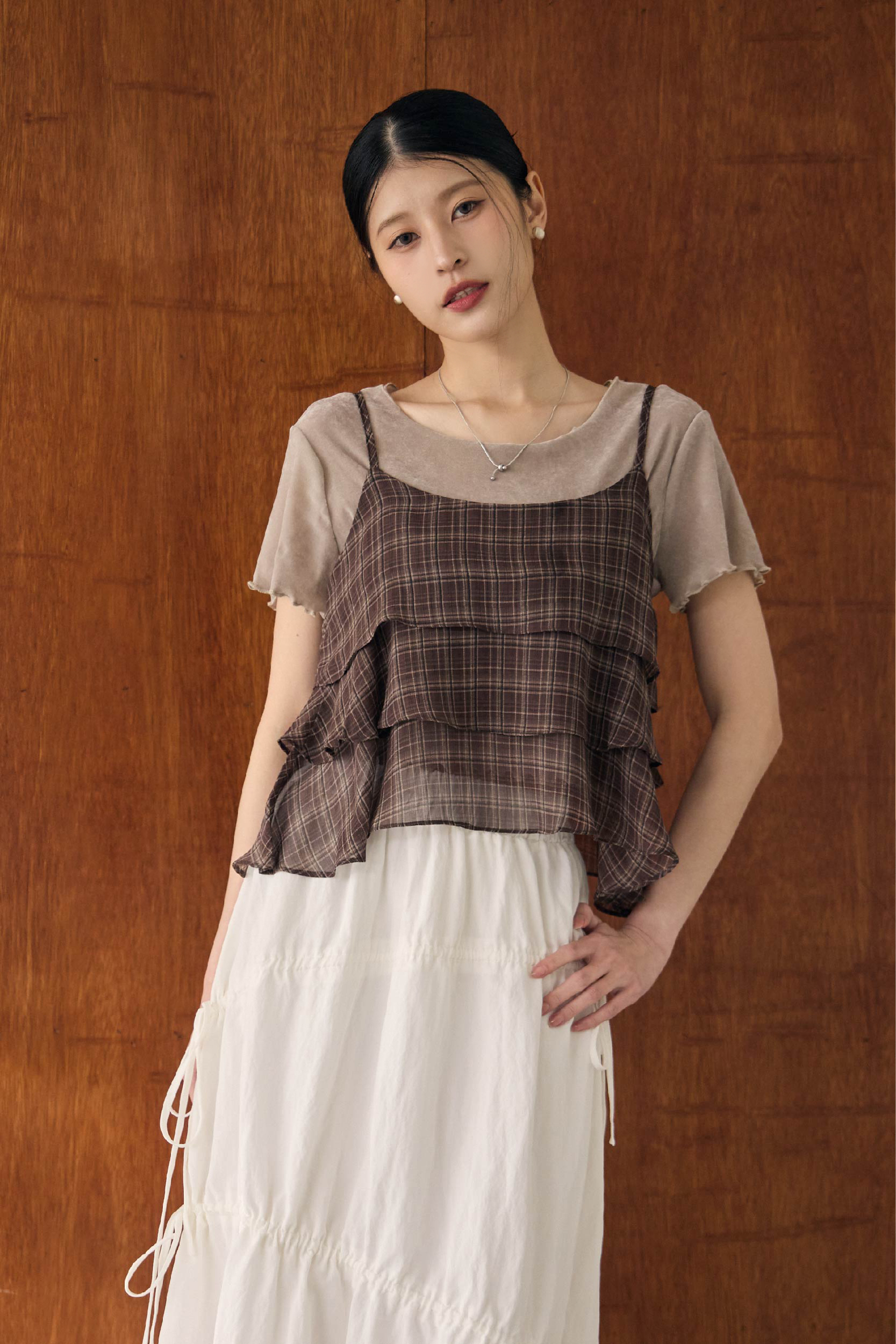 格紋細肩蛋糕裙擺背心