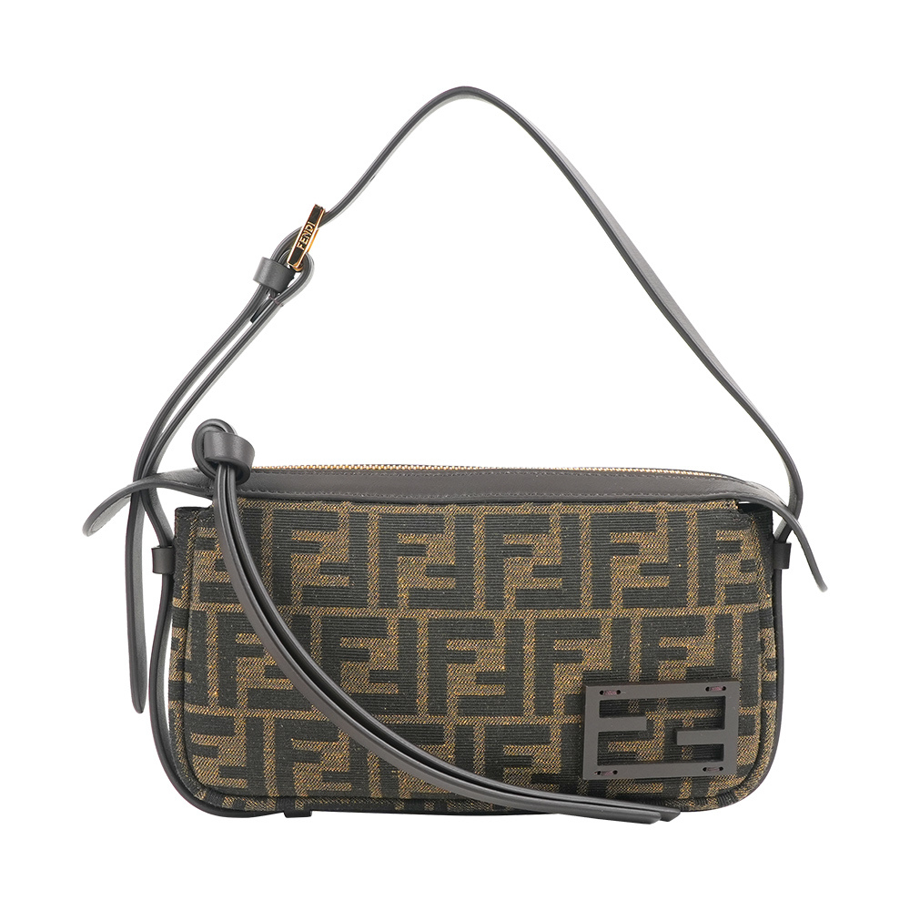 【Fendi】Simply FF Logo 緹花帆布迷你肩背包/手提包(棕色)