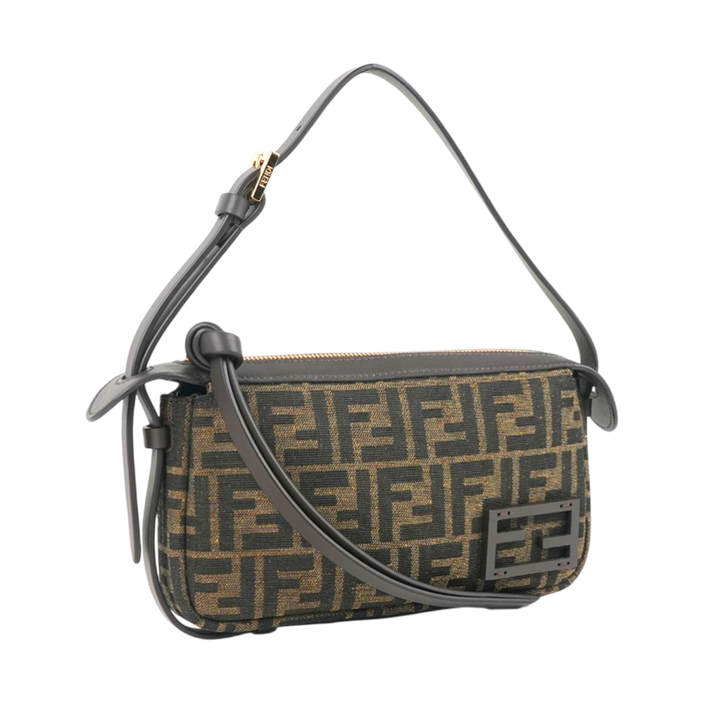 【Fendi】Simply FF Logo 緹花帆布迷你肩背包/手提包(棕色)