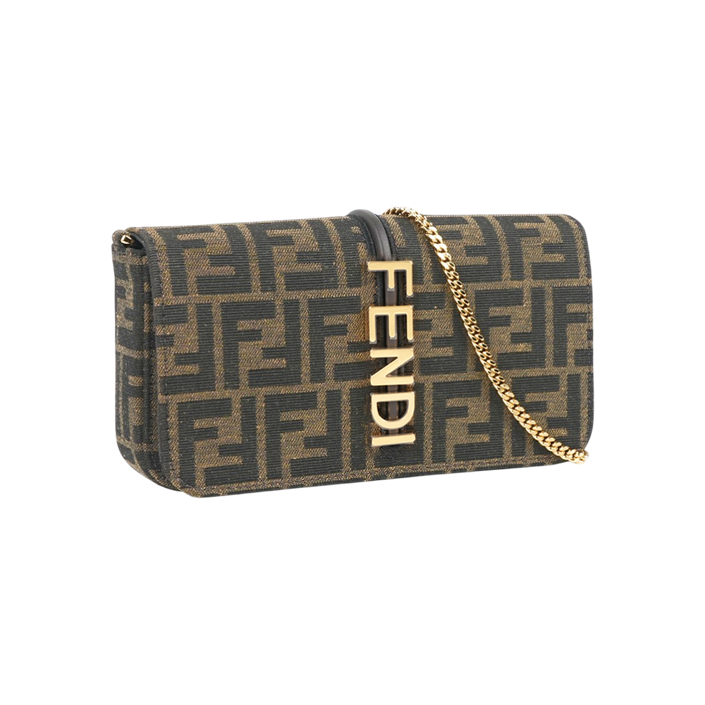 【Fendi】Fendigraphy FF Logo 緹花帆布二合一鍊包/WOC(棕色)