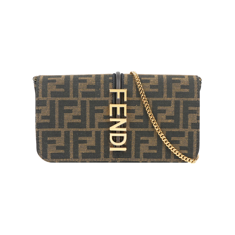 【Fendi】Fendigraphy FF Logo 緹花帆布二合一鍊包/WOC(棕色)