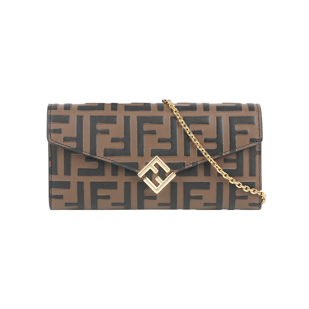 【Fendi】FF Diamonds 浮雕小牛皮鍊帶WOC(棕色)