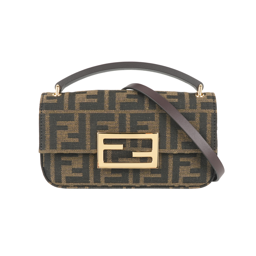 【Fendi】FF Logo Baguette 緹花布法棍手機包/二用包(棕色)