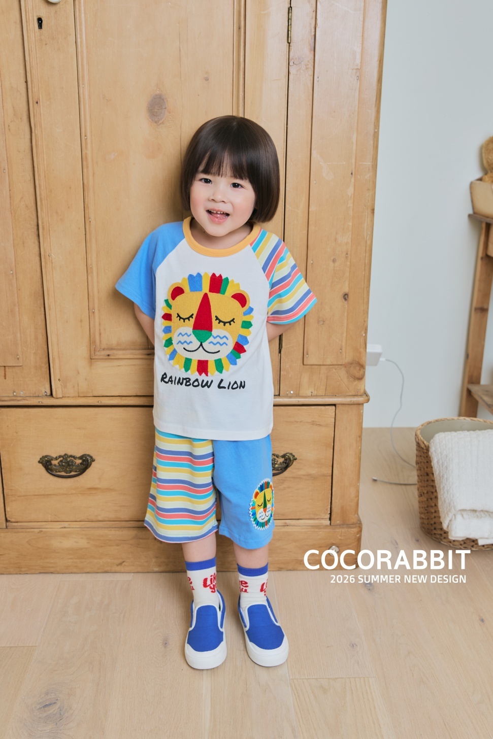 正韓夏Cocorabbit  兩色獅子條紋拼接短褲