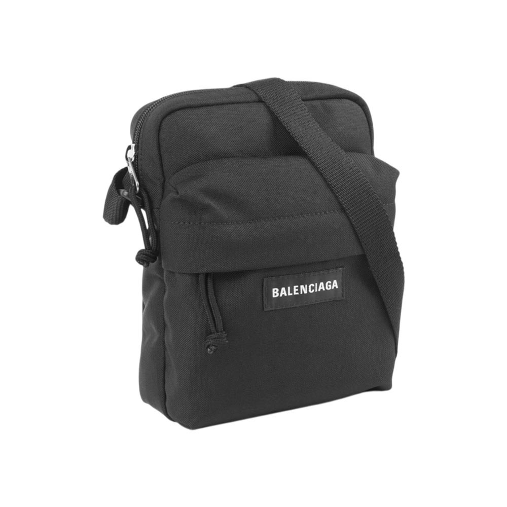 【Balenciaga】Explorer 白字標誌尼龍拉鍊口袋小斜背包(黑色)