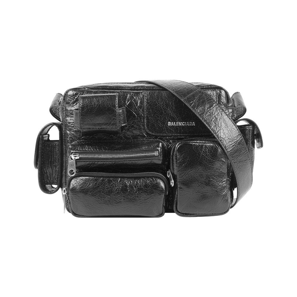 【Balenciaga】Superbusy 銀字小羊皮多口袋拉鍊相機包(黑色)