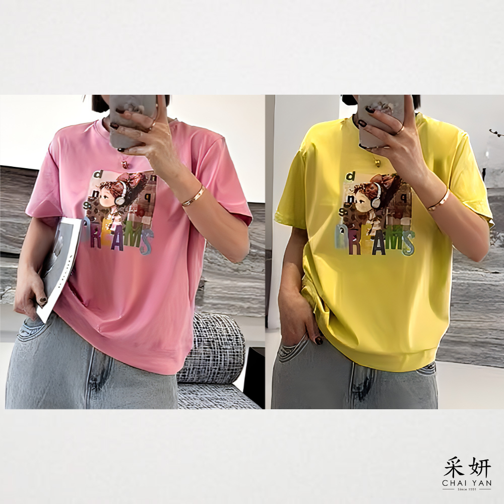 女孩膠印滑棉短袖上衣