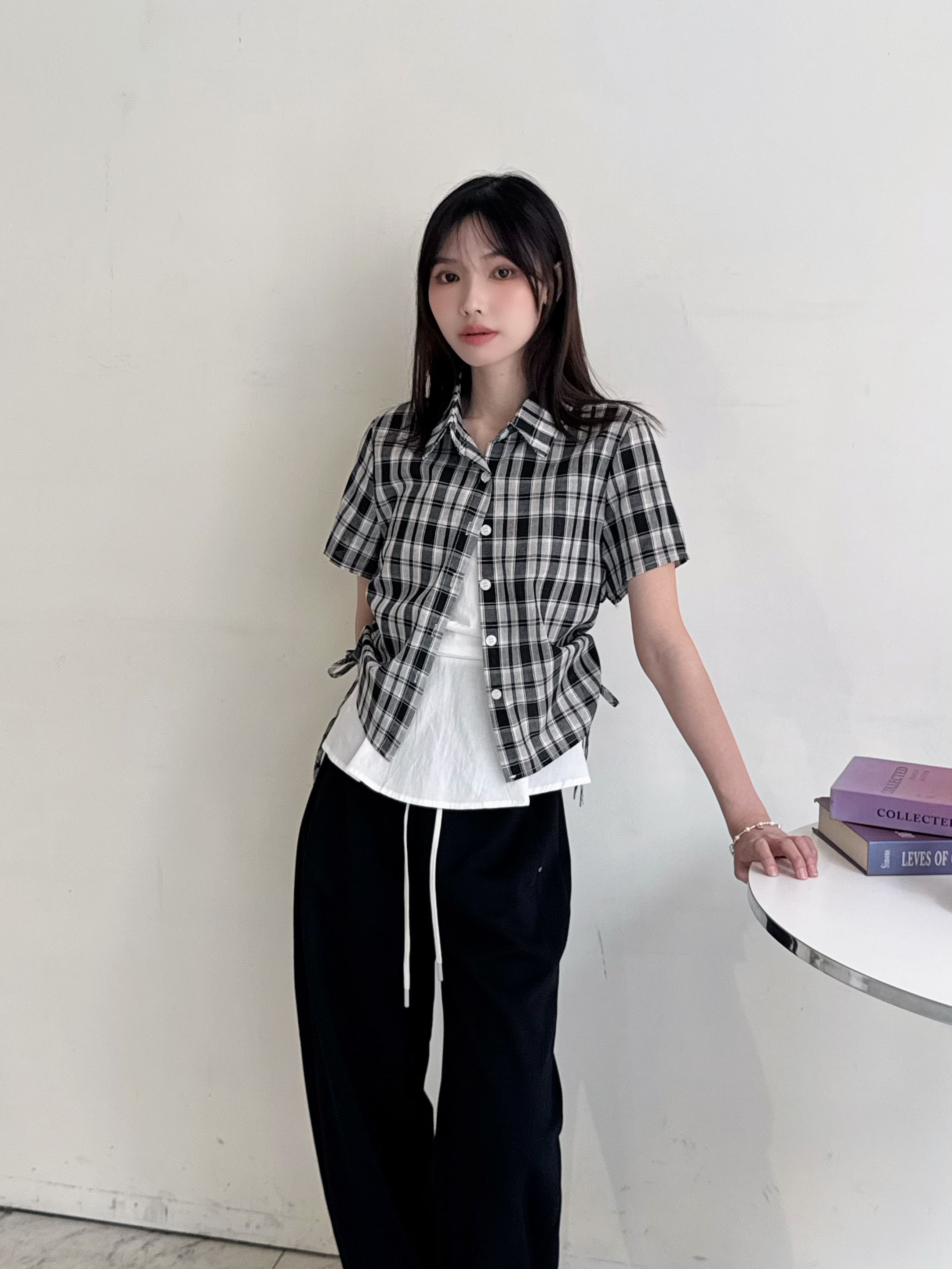 學院風格紋短袖襯衫-0523