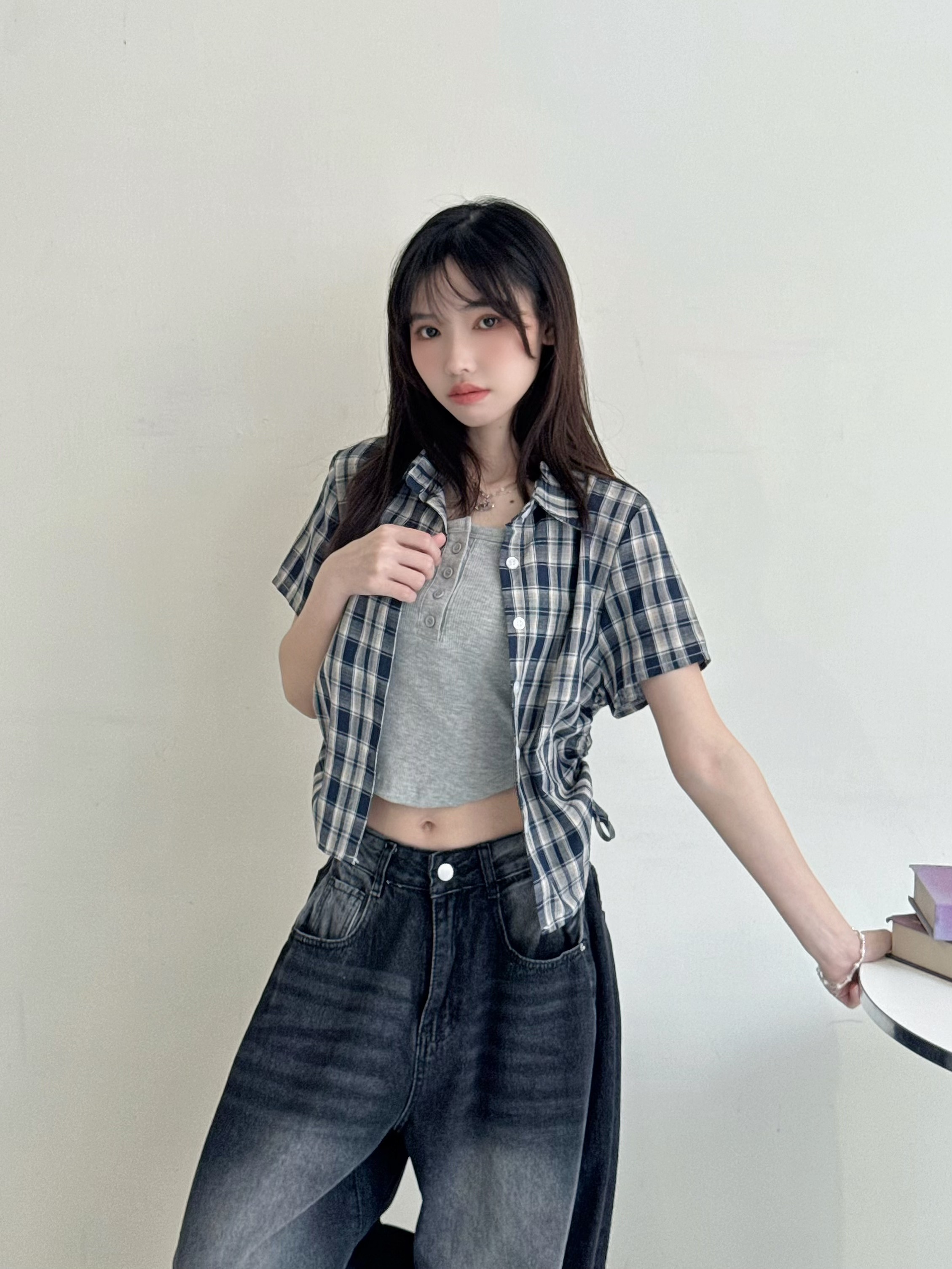 學院風格紋短袖襯衫-0523