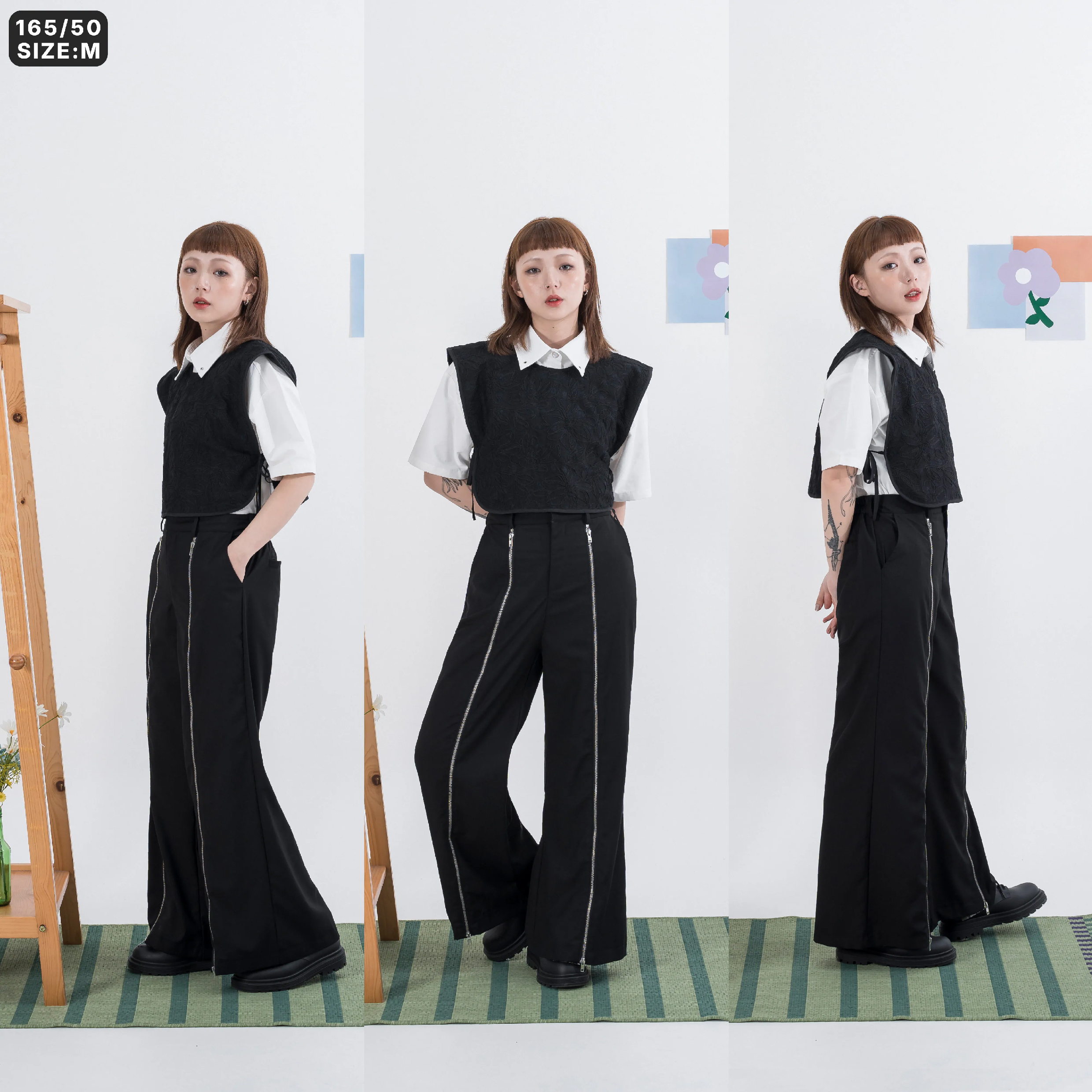 AGILITY MIAO Guipure Lace Zipper Pants 女裝 蕾絲 拉鍊 闊腿長褲 [M-BK6]