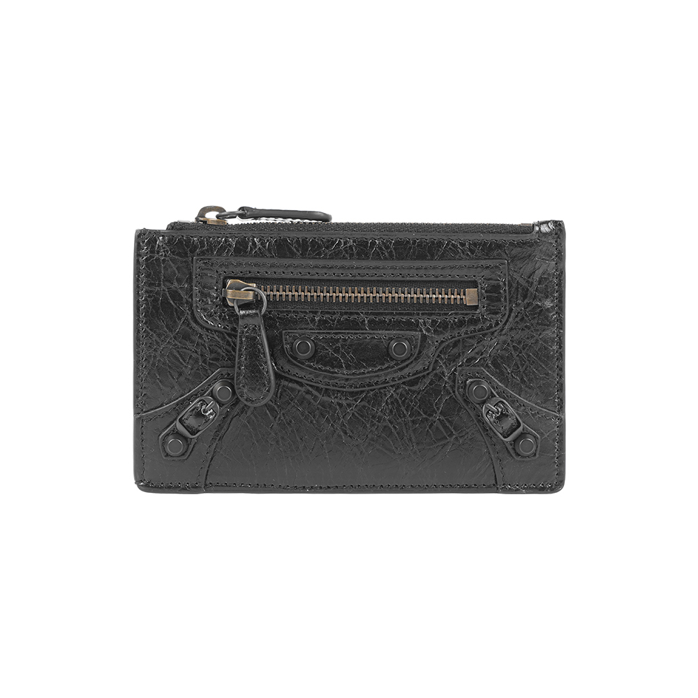 【Balenciaga】Le City 仿舊釦小羊皮拉鍊長版卡夾包/零錢包(黑色)