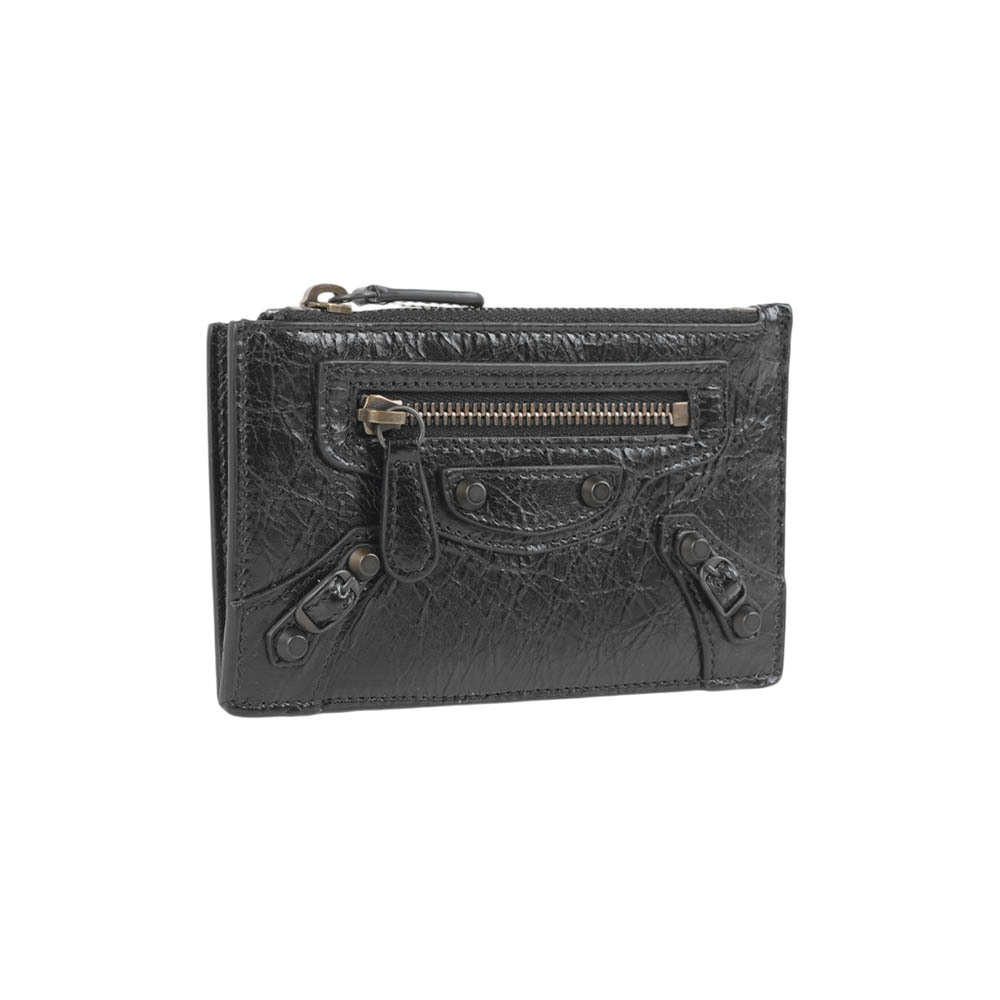 【Balenciaga】Le City 仿舊釦小羊皮拉鍊長版卡夾包/零錢包(黑色)