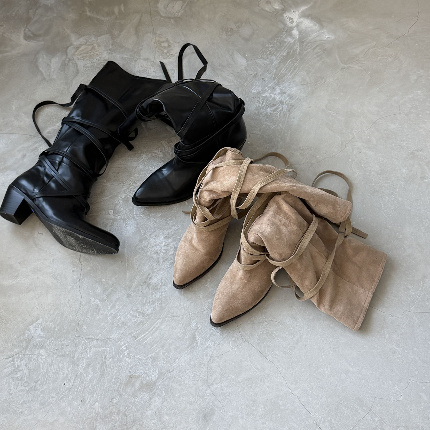 F3033 層次綁帶長靴 / 麂皮杏