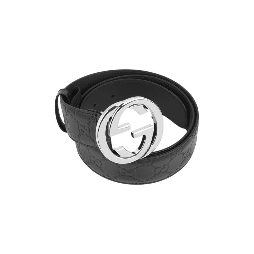 【GUCCI】雙G 銀logo牛皮壓紋皮帶 85/90/95/100cm (黑色)