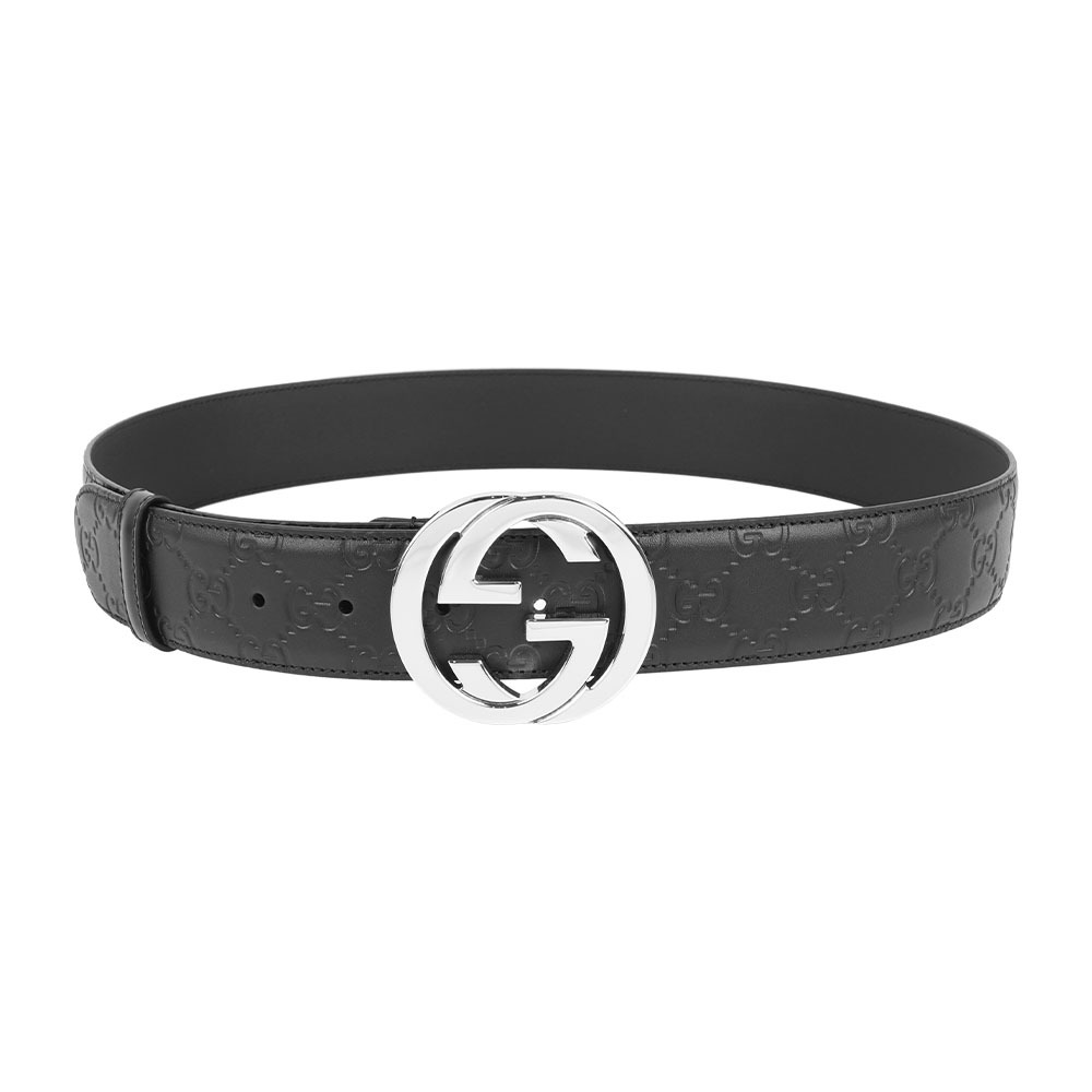 【GUCCI】雙G 銀logo牛皮壓紋皮帶 85/90/95/100cm (黑色)