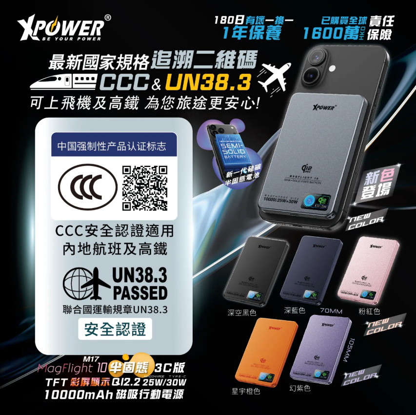 (早買限定優惠) (灰色/橙色) (3C可追溯二維碼) (追加新色) XPower MagFlight10 M17 半固態TFT彩屏顯示 QI2.2 25W/30W 10000mAh 磁吸行動電源