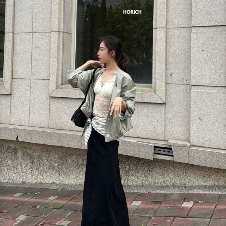 𝗔𝗽𝗿.𝟬𝟴/V52703Z-無領拼接皮外含領巾(兩色) /豆綠