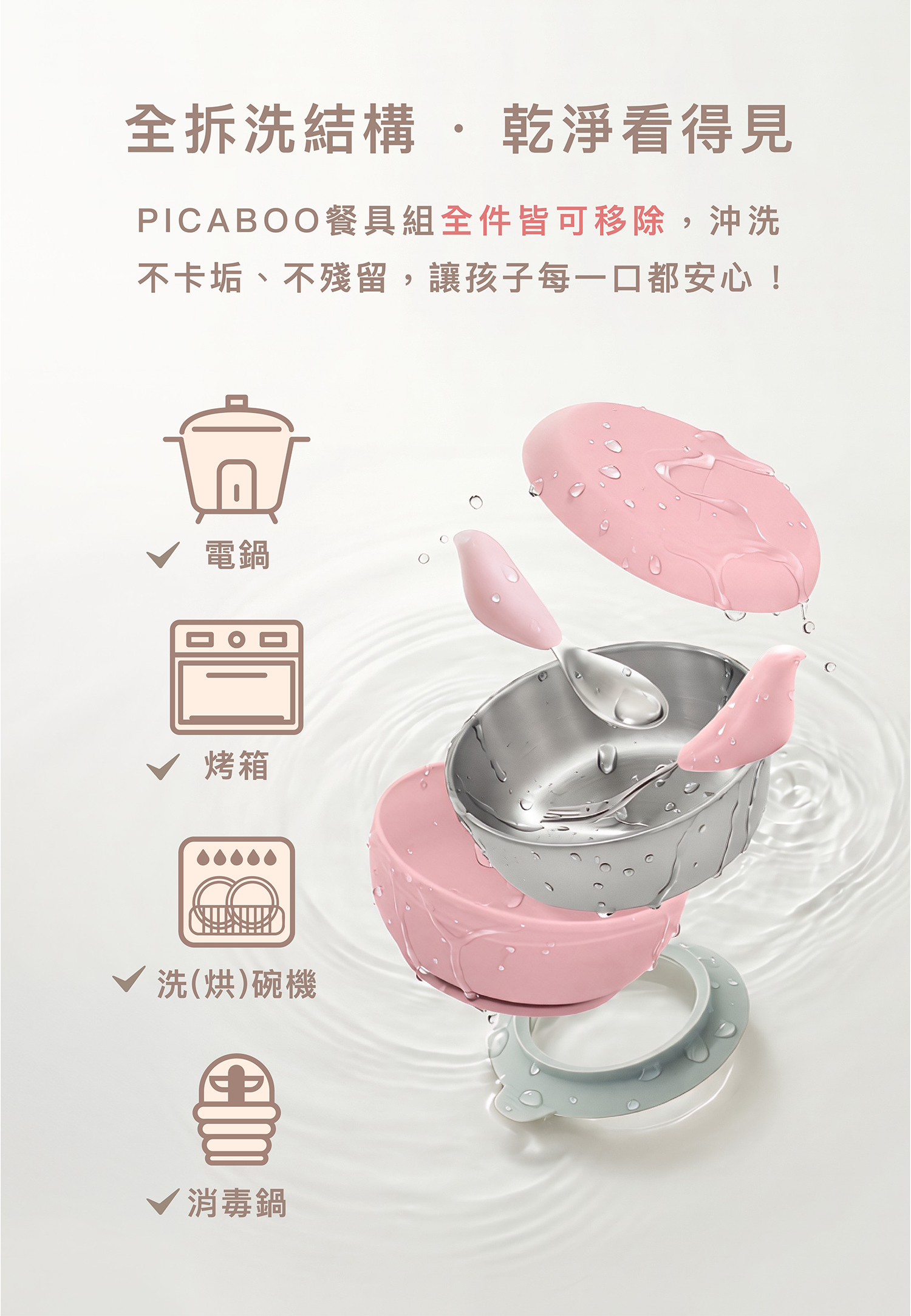 PICABOO 兒童餐具組,具備全拆洗結構設計。不鏽鋼與矽膠材質可全件分離清洗。適用於電鍋、烤箱、洗碗機、烘碗機及消毒鍋,不卡垢更衛生。
