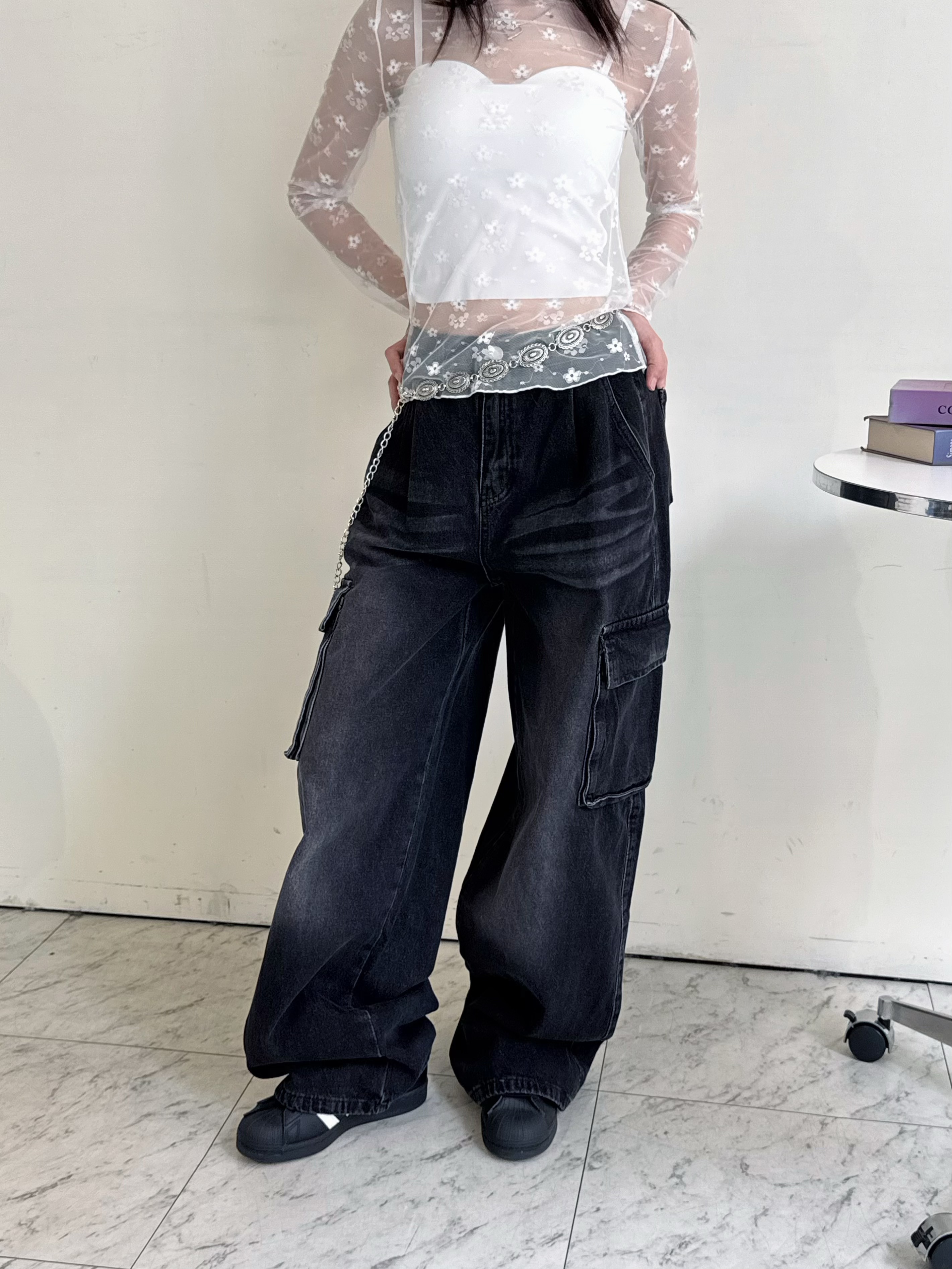 鬆緊帶工裝牛仔褲-0835