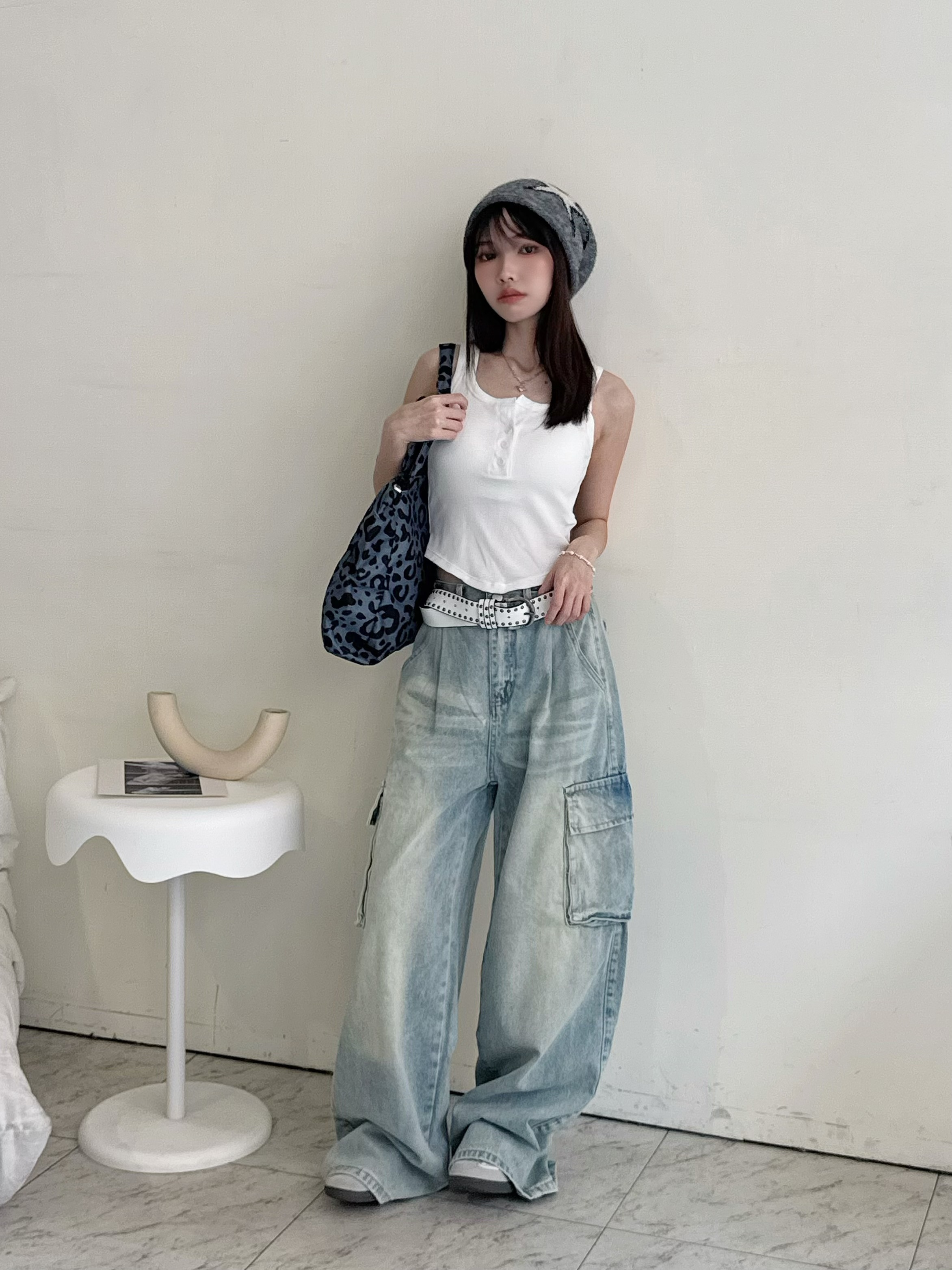 鬆緊帶工裝牛仔褲-0835