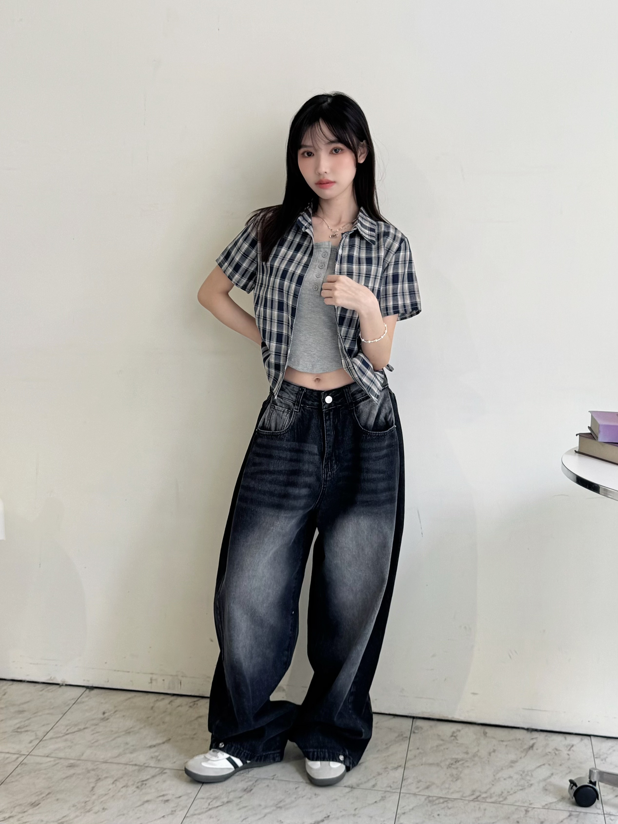 素色刷白彎刀褲-6815