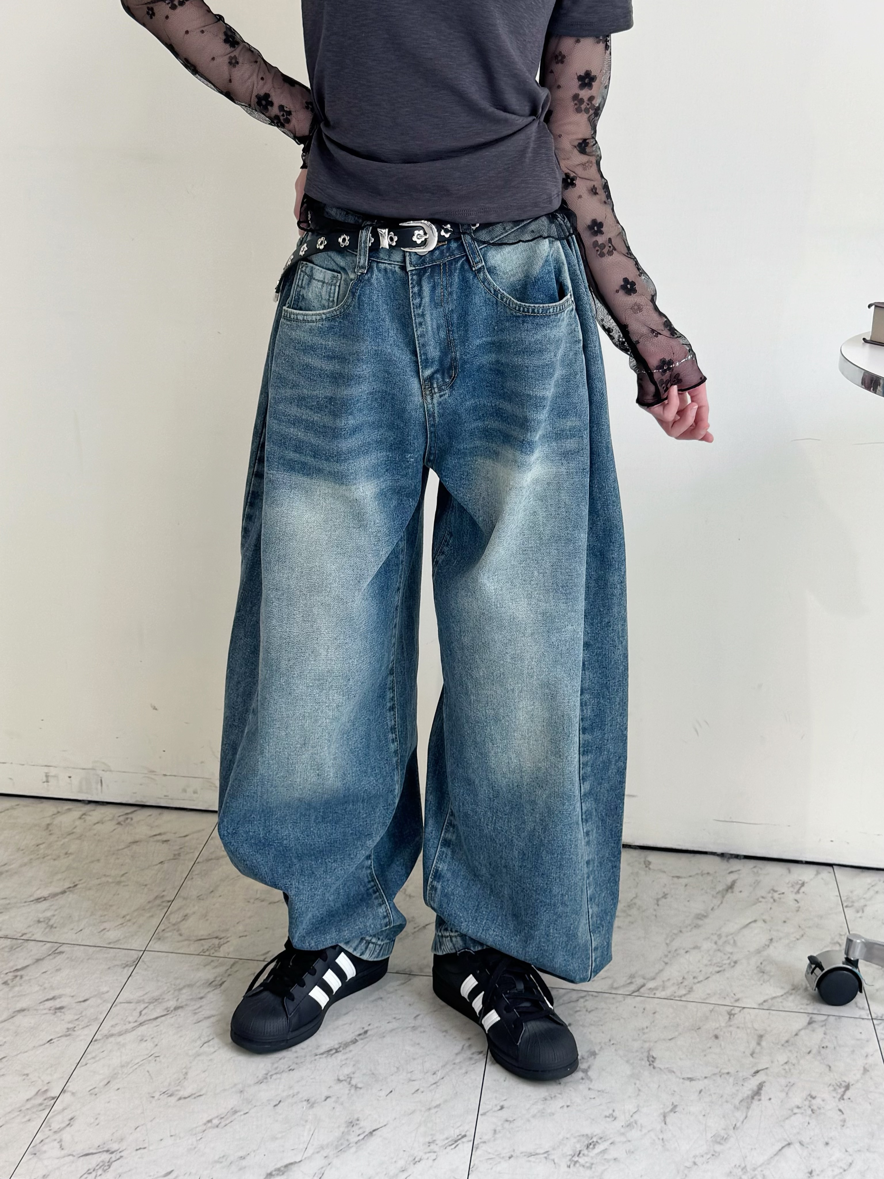 素色刷白彎刀褲-6815