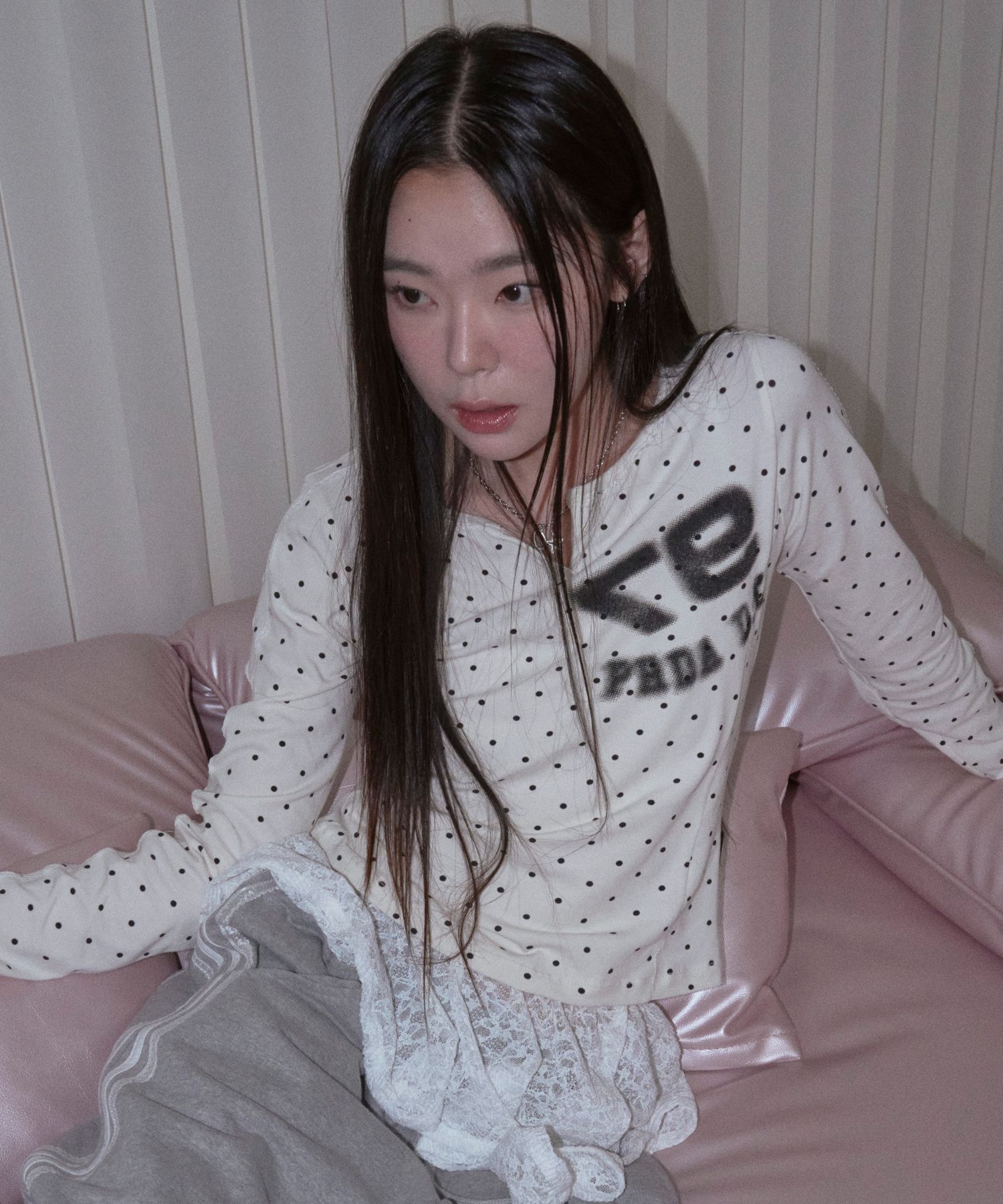 PRENDA 蕾絲領口點點長袖上衣 PRTVAWRL23WI4