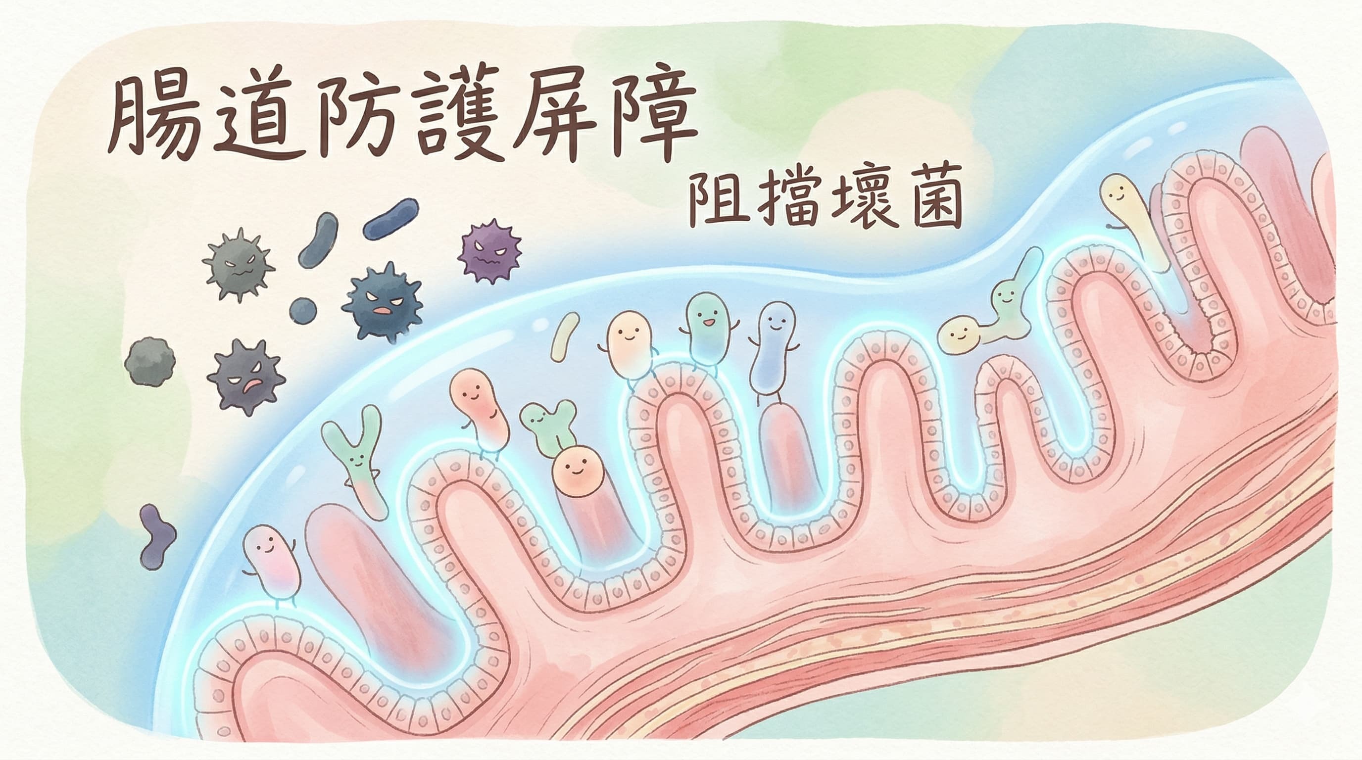 腸道防護屏障示意圖:益生菌在腸道絨毛形成藍色保護膜,有效阻擋壞菌。