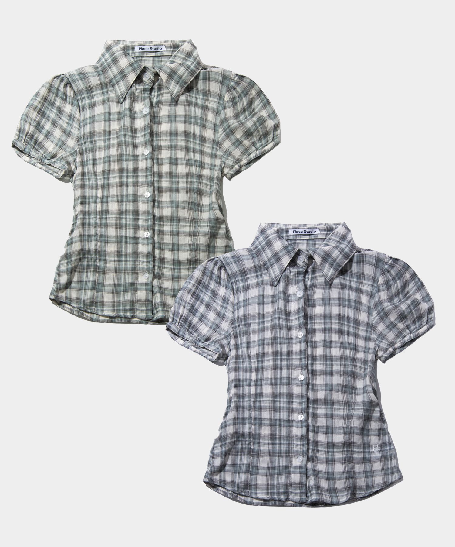 PLACE STUDIO 泡泡袖皺褶Logo刺繡棉質短袖格紋襯衫 25S777889