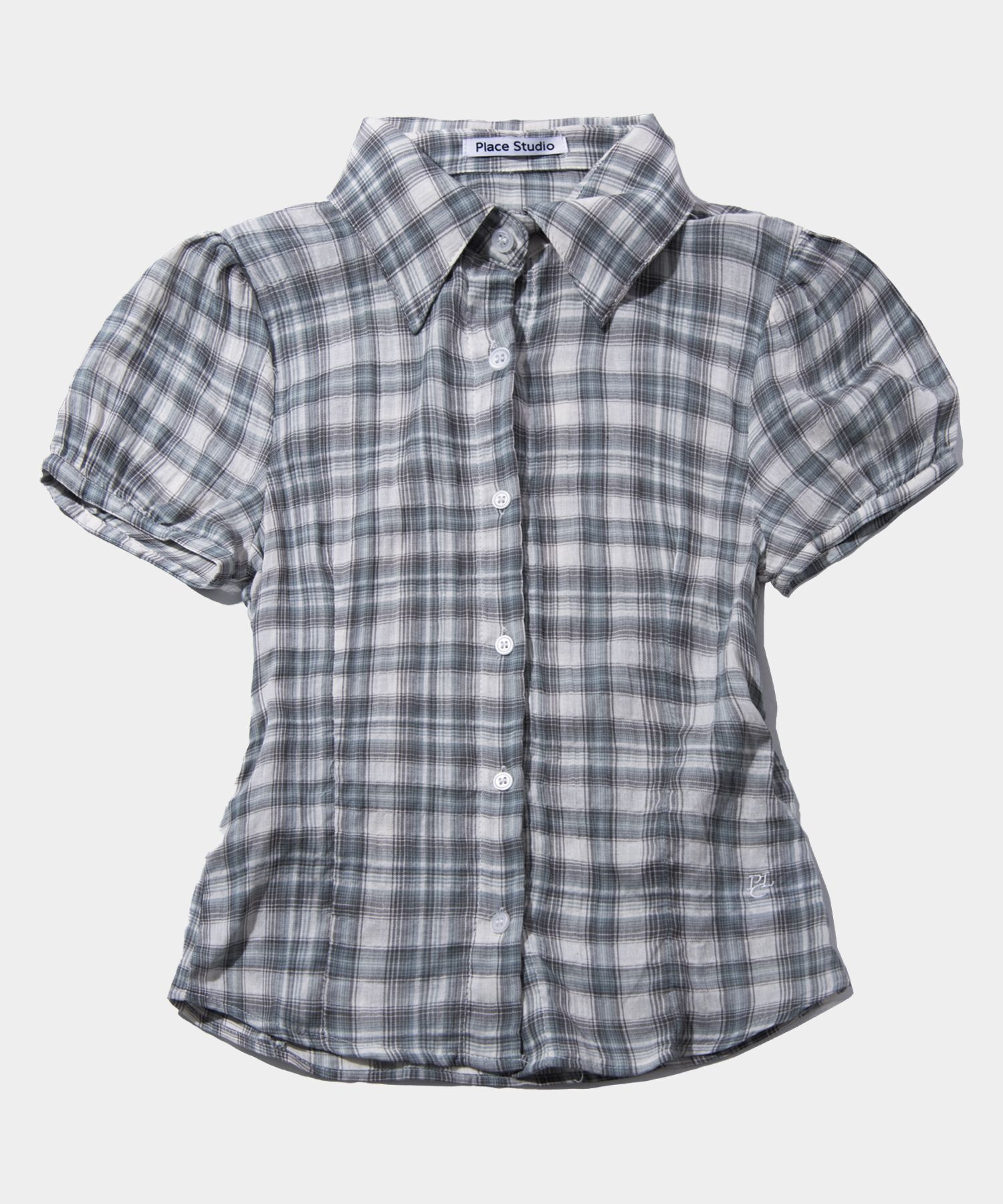 PLACE STUDIO 泡泡袖皺褶Logo刺繡棉質短袖格紋襯衫 25S777889