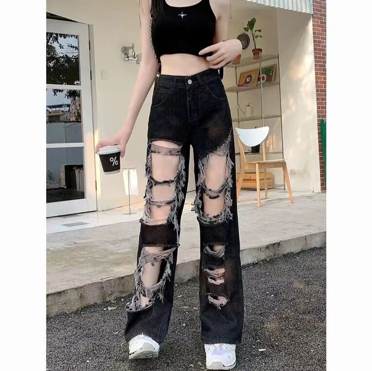 大碼胖mm高腰破洞牛仔褲女夏季寬鬆闊腿褲