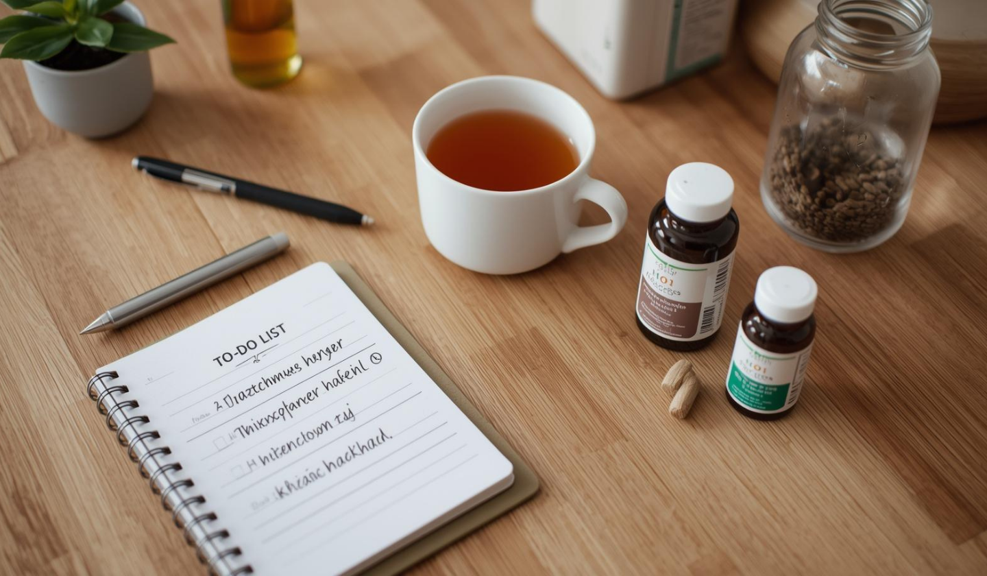 忙碌媽媽夜晚收工桌面:暖水、手帳、德國藥房保健品