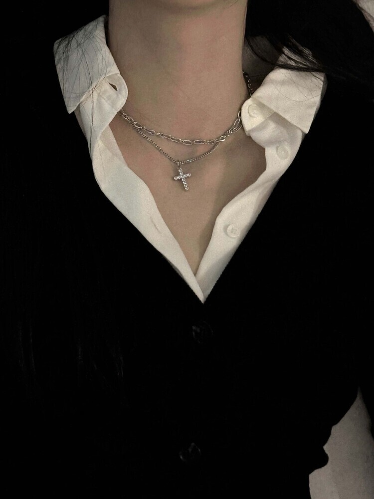 韓國限定🇰🇷 OFUSE crystal two chain 疉戴 十字架 雙層項鏈 項鍊 不鏽鋼 黃酮 / 預購