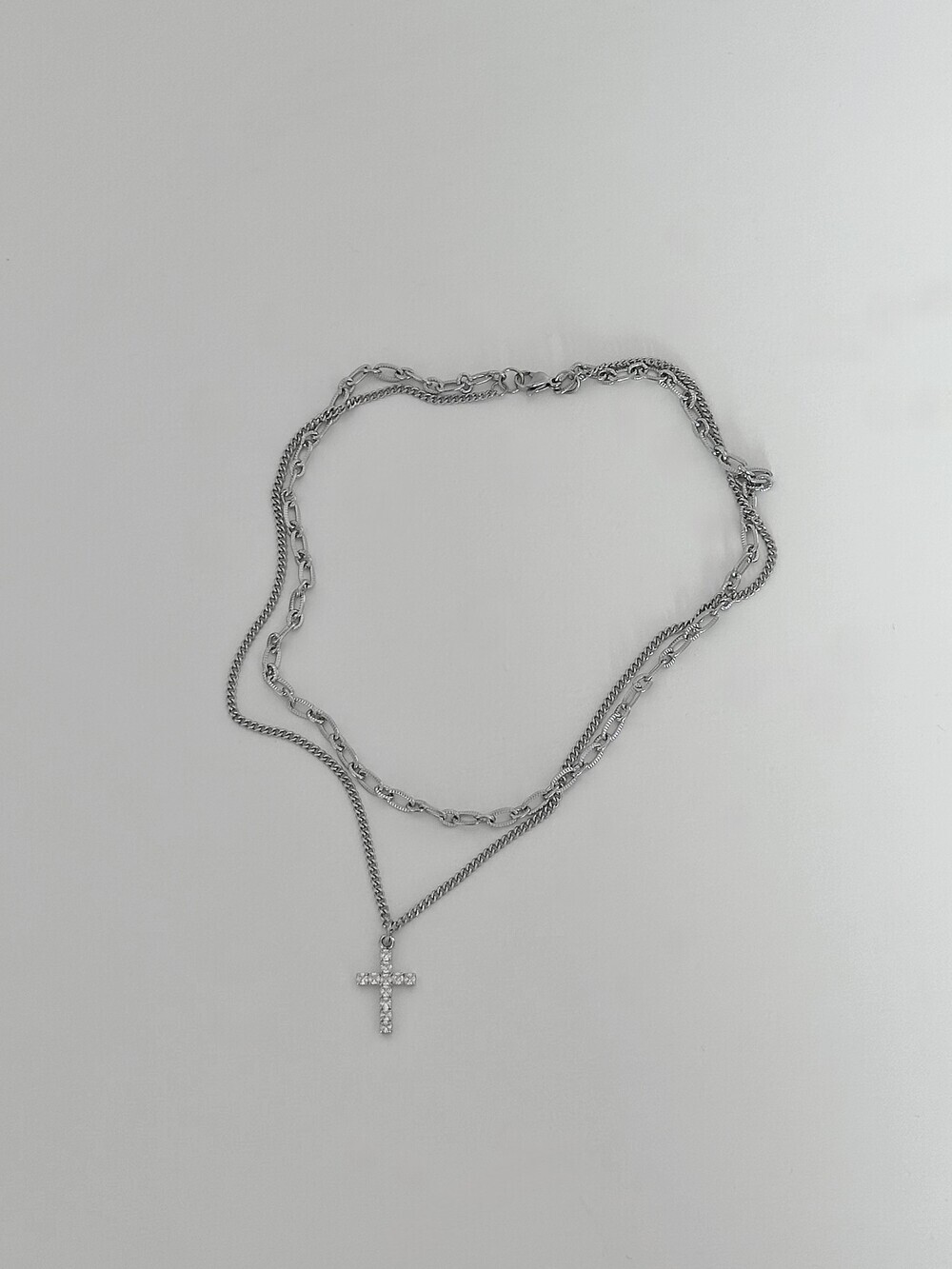 韓國限定🇰🇷 OFUSE crystal two chain 疉戴 十字架 雙層項鏈 項鍊 不鏽鋼 黃酮 / 預購