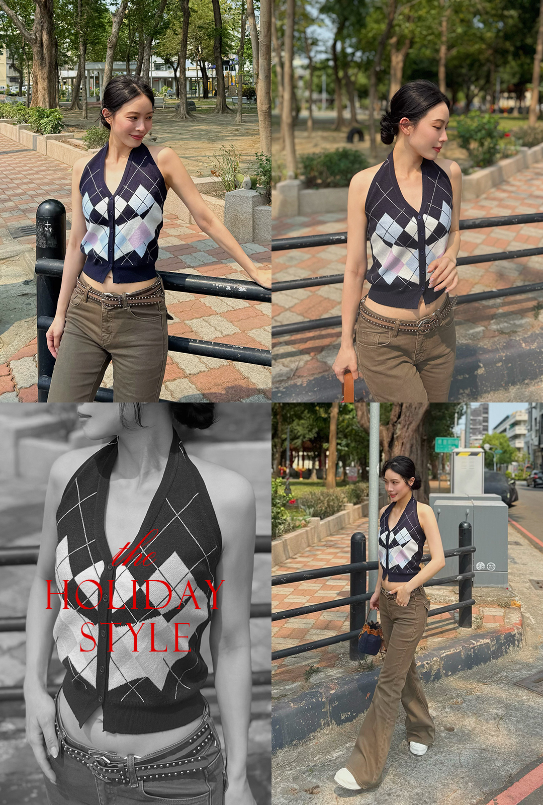 G6052-掛脖菱格紋針織上衣