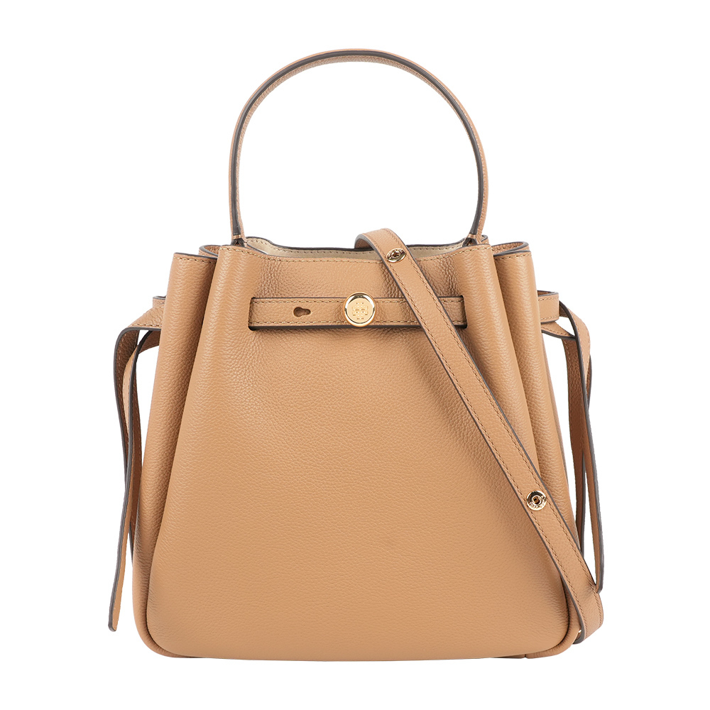 【Tory Burch】Romy 金釦荔枝紋二用水桶包(提拉米蘇)