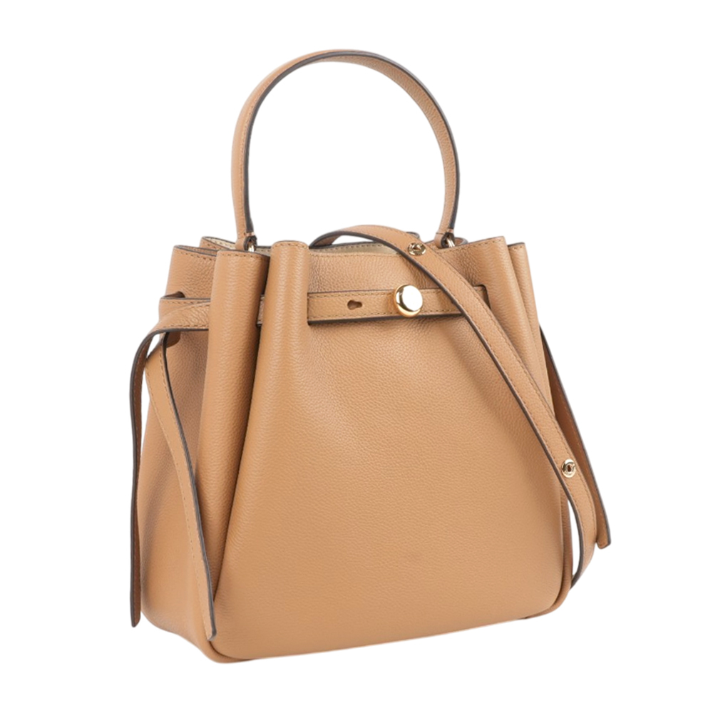 【Tory Burch】Romy 金釦荔枝紋二用水桶包(提拉米蘇)