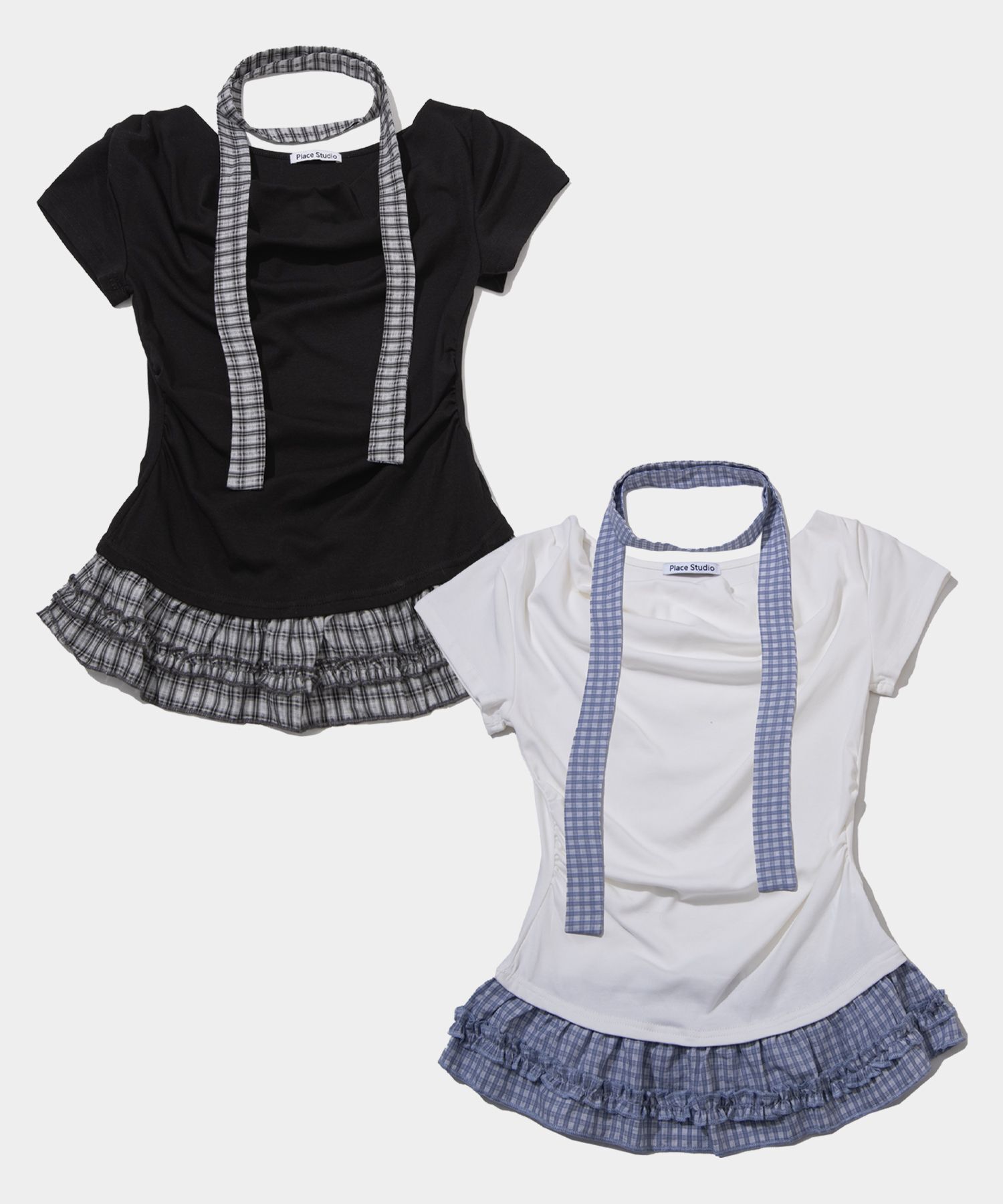 PLACE STUDIO 格紋綁帶荷葉邊露肩短袖上衣 25S7772038