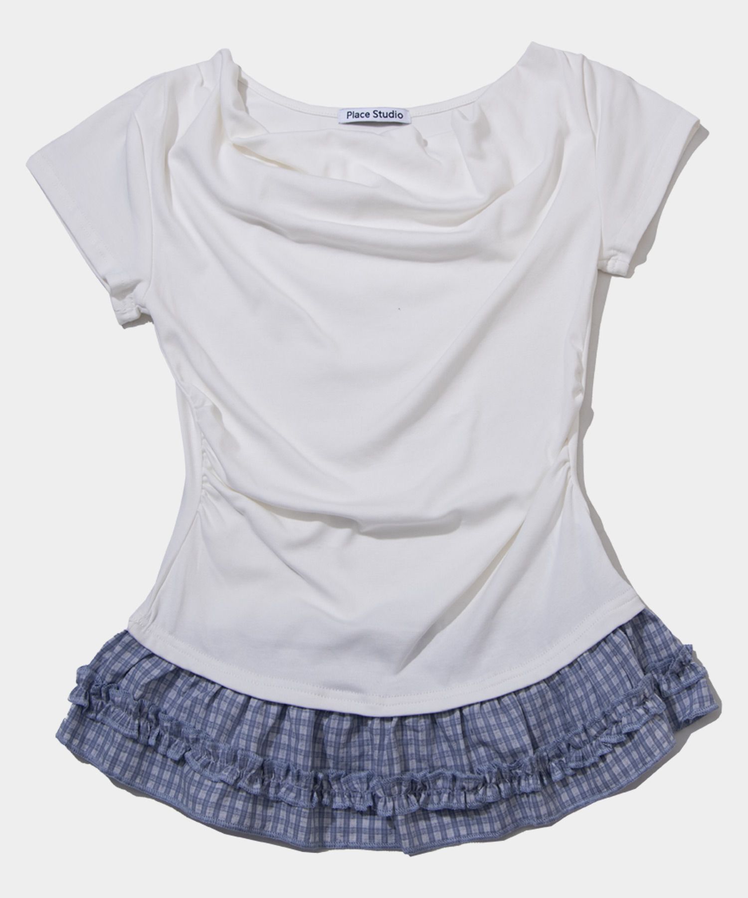 PLACE STUDIO 格紋綁帶荷葉邊露肩短袖上衣 25S7772038