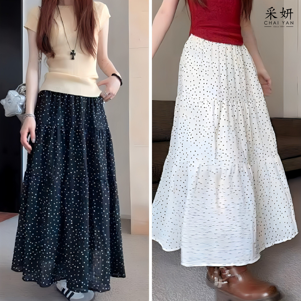 圓點寬擺蛋糕中長裙