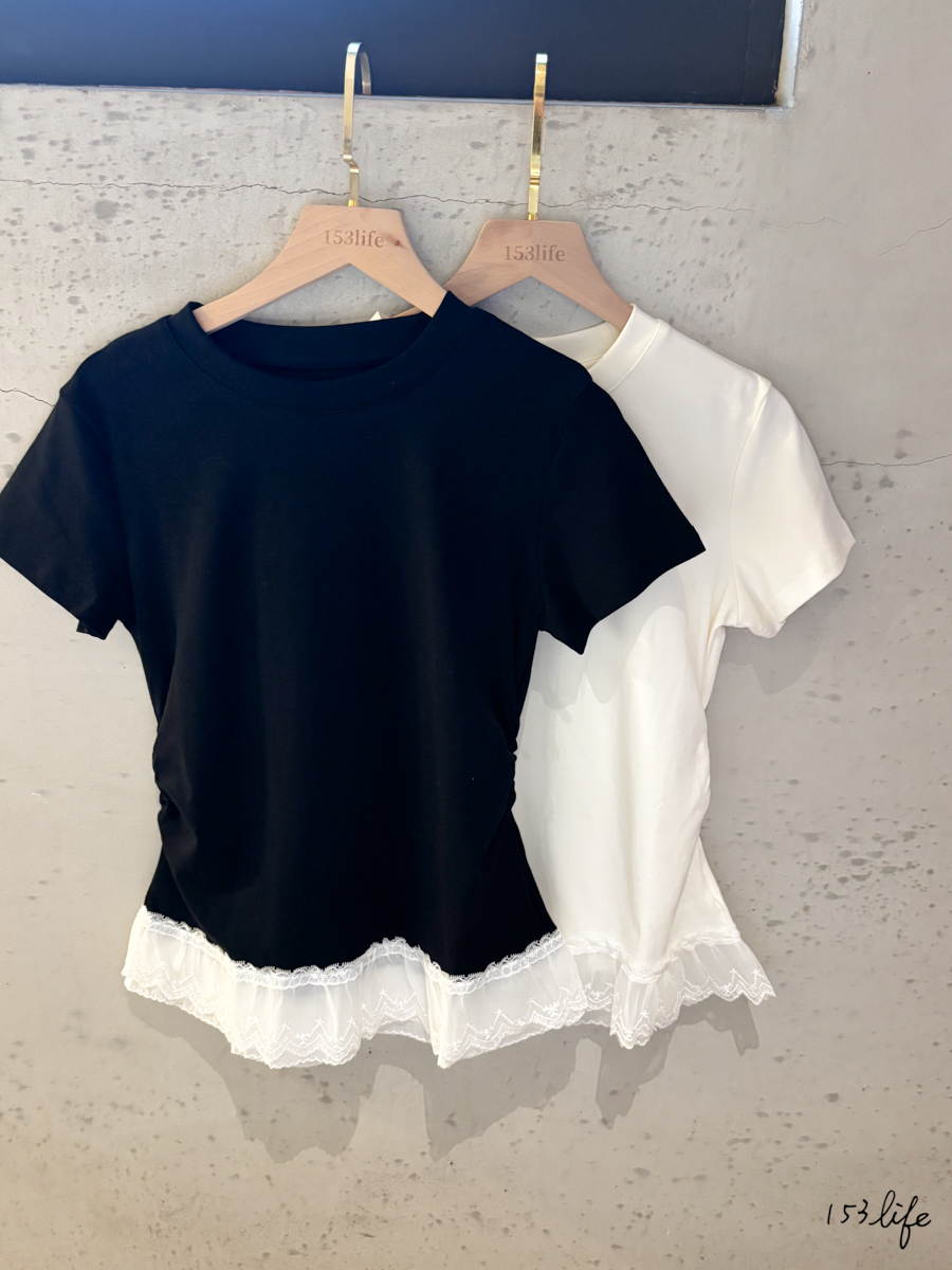 下擺拼接蕾絲舒適棉T恤(2色)