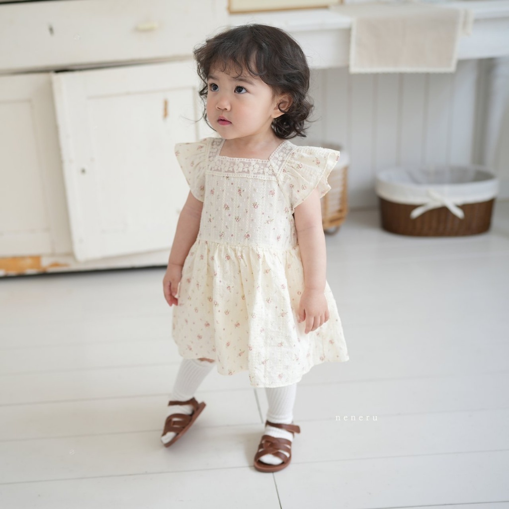 正韓夏neneru 嫩嬰兩色碎花方領蕾絲洋裝