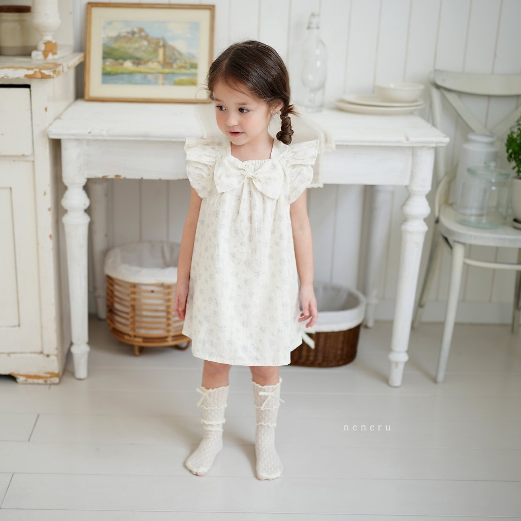 正韓夏neneru 米白碎花大蝴蝶結洋裝