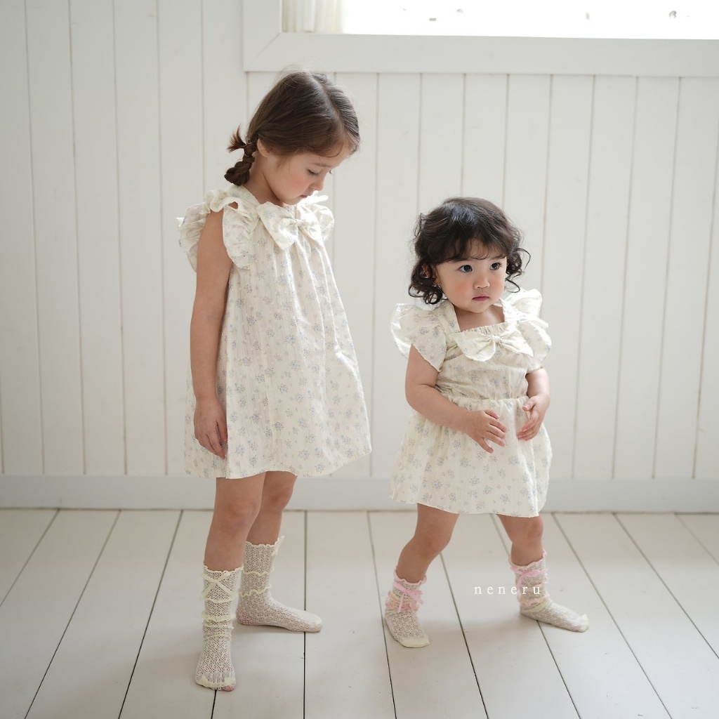 正韓夏neneru 米白碎花大蝴蝶結洋裝